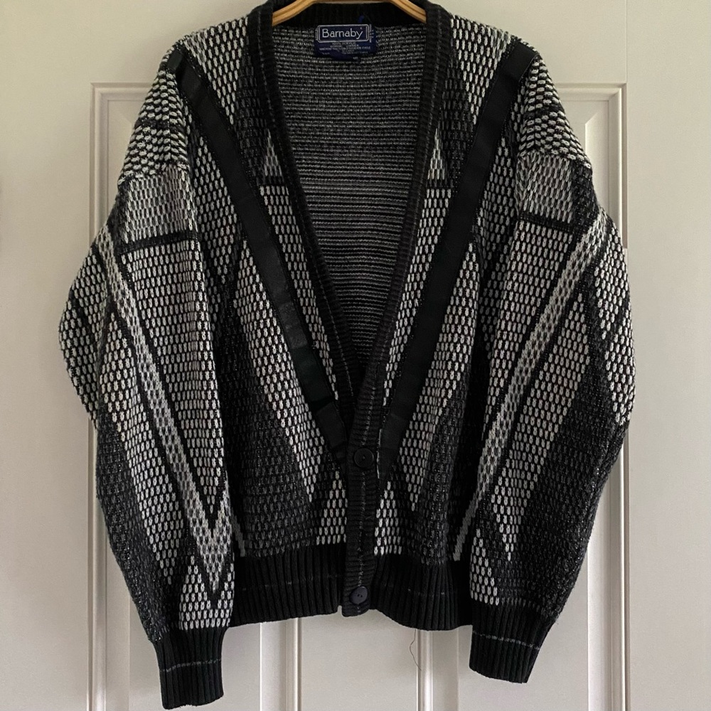 Vintage 80s Barnaby Cardigan Knit Leather Patch Acrylic Sweater Striped Chunky